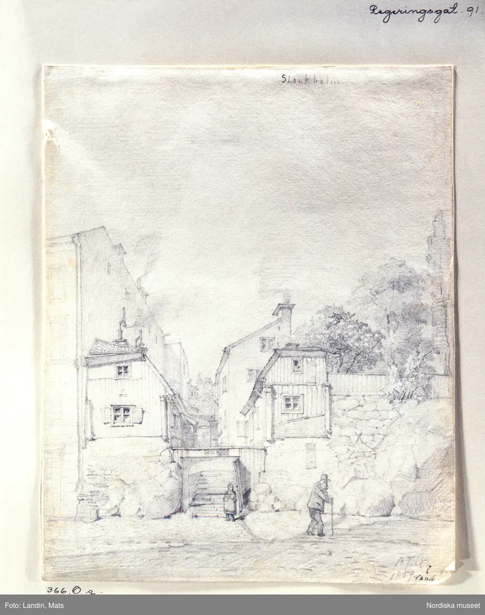 A T Gellerstedts akvareller, tillfällig utstälnning på Nordiska museet 7april 2001. Teckning från 1859.
Regeringsgatan 91. Första teckningen till serien Stockholmsbilder.