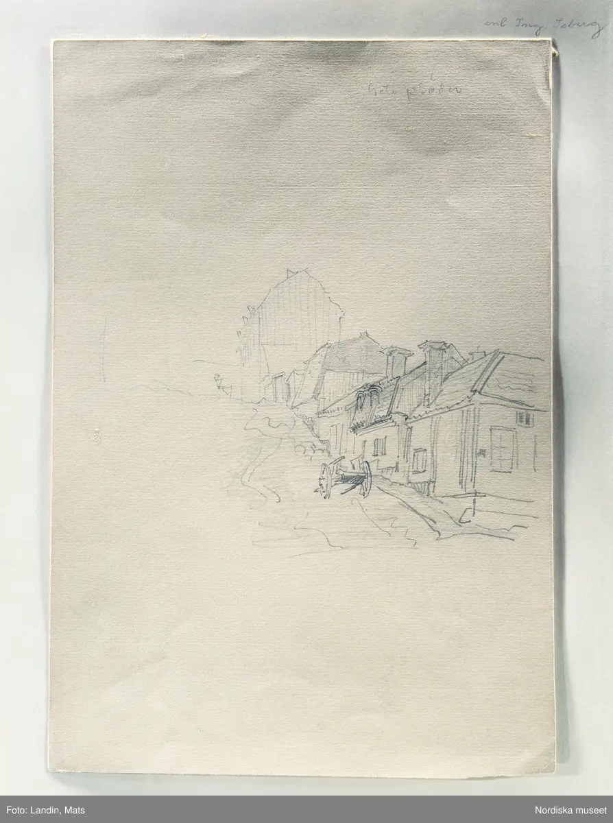 A T Gellerstedts akvareller, tillfällig utställning på Nordiska museet 7april 2001. Akvarell från 1800-talet. Högbergsgatan. Backen österut från Götgatan.