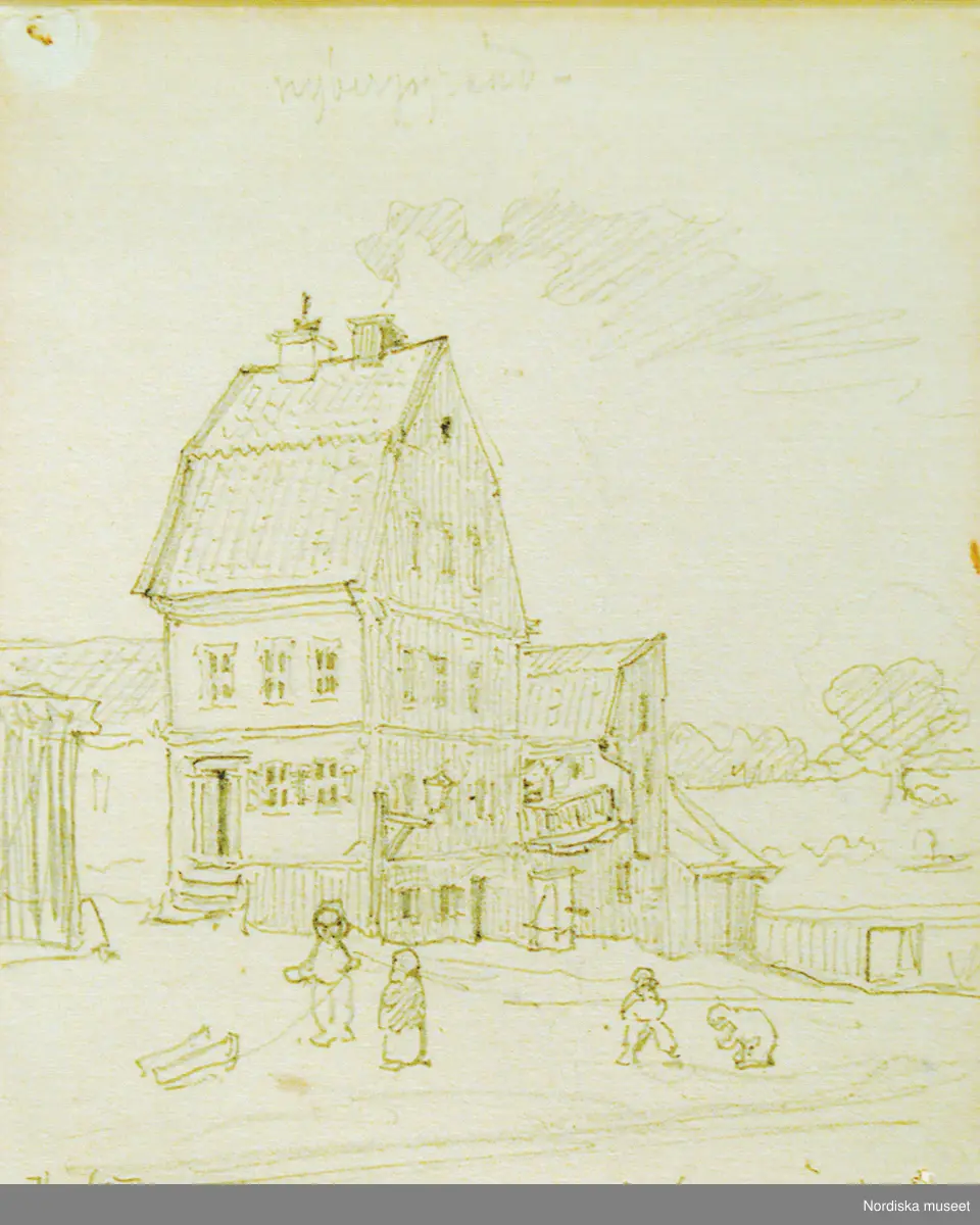 A T Gellerstedts akvareller, tillfällig utställning på Nordiska museet 7 april 2001. Akvarell från mars 1865. Nybergsgränd.