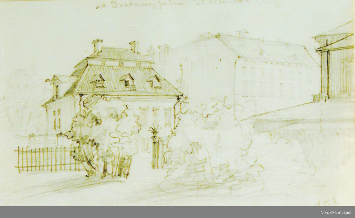 A T Gellerstedts akvareller, tillfällig utställning på Nordiska museet 7 april 2001. Akvarell från 1862. Hårlemanska huset Drottninggatan 88. Vid nuvarande Centralbadet.