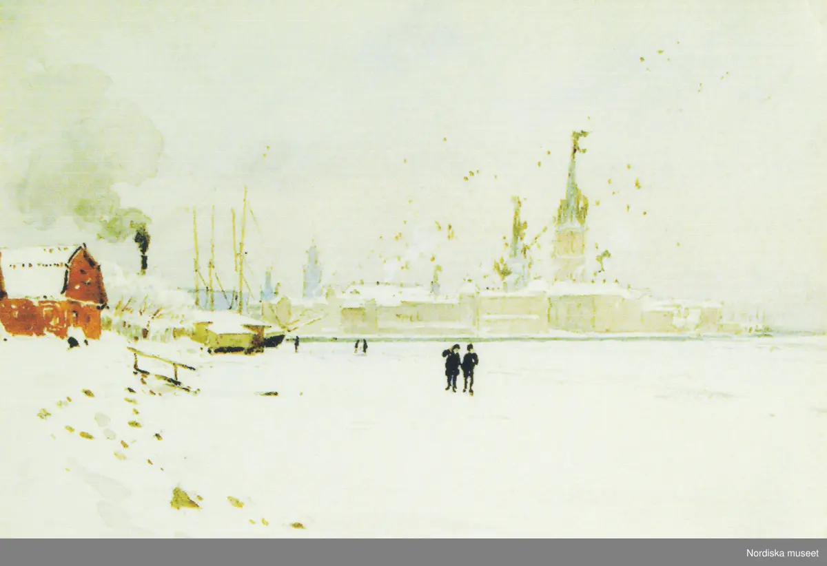 A T Gellerstedts akvareller, tillfällig utställning på Nordiska museet 7 april 2001. Akvarell från januari 1887. Riddarholmen sedd från Kungsholmen.