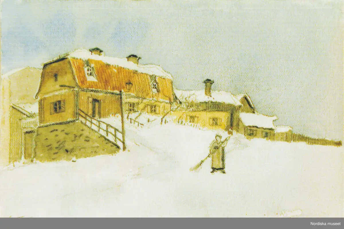 A T Gellerstedts akvareller, tillfällig utställning på Nordiska museet 7 april 2001. Akvarell från vintern 1873. Vid Johannesplan.
