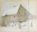 A T Gellerstedts akvareller, tillfällig utställning på Nordiska museet 7 april 2001. Akvarell från ca 1800-talet. Hus vid Ladugårdslandstullen, nuvarande Karlaplan.