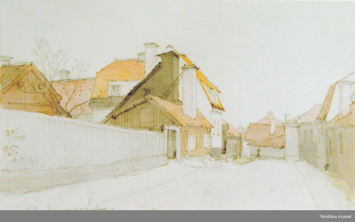 A T Gellerstedts akvareller, tillfällig utställning på Nordiska museet 7 april 2001. Akvarell från oktober 1905. Västra Kvarngränds sträckning mot Götgatan, strax norr on Skanstull.