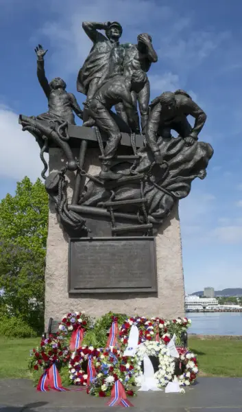 The War Sailors' Monument at Bygdøynes surrounded by wreaths after the May 8th commemoration.