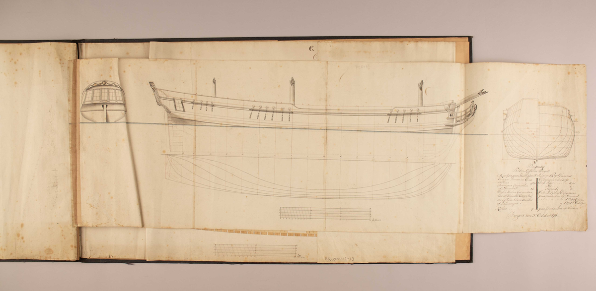 Spanteriss og linjetegning av en koffardi-fregatt.