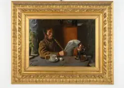 Gubbe läsande Allehanda för folket  [OLJEMÅLNING]