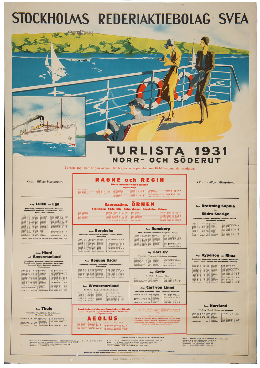 Överst två stående kvinnor och en sittande man på däcket till ett ångfartyg. En av kvinnorna håller en kamera. I bakgrunden en segelbåt och Borgholms slottsruin på Öland. I nedre vänstra hörnet avbildas i särskild ruta Sveabolagets fartyg Ragne. 
Underst turlistan.