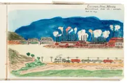 Denna kolorerade teckning visar Carnegie Steel Works i Pittsburg. I förgrunden syns ett tåg och floden Monongahela River. I bakgrunden syns en bergskedja.
