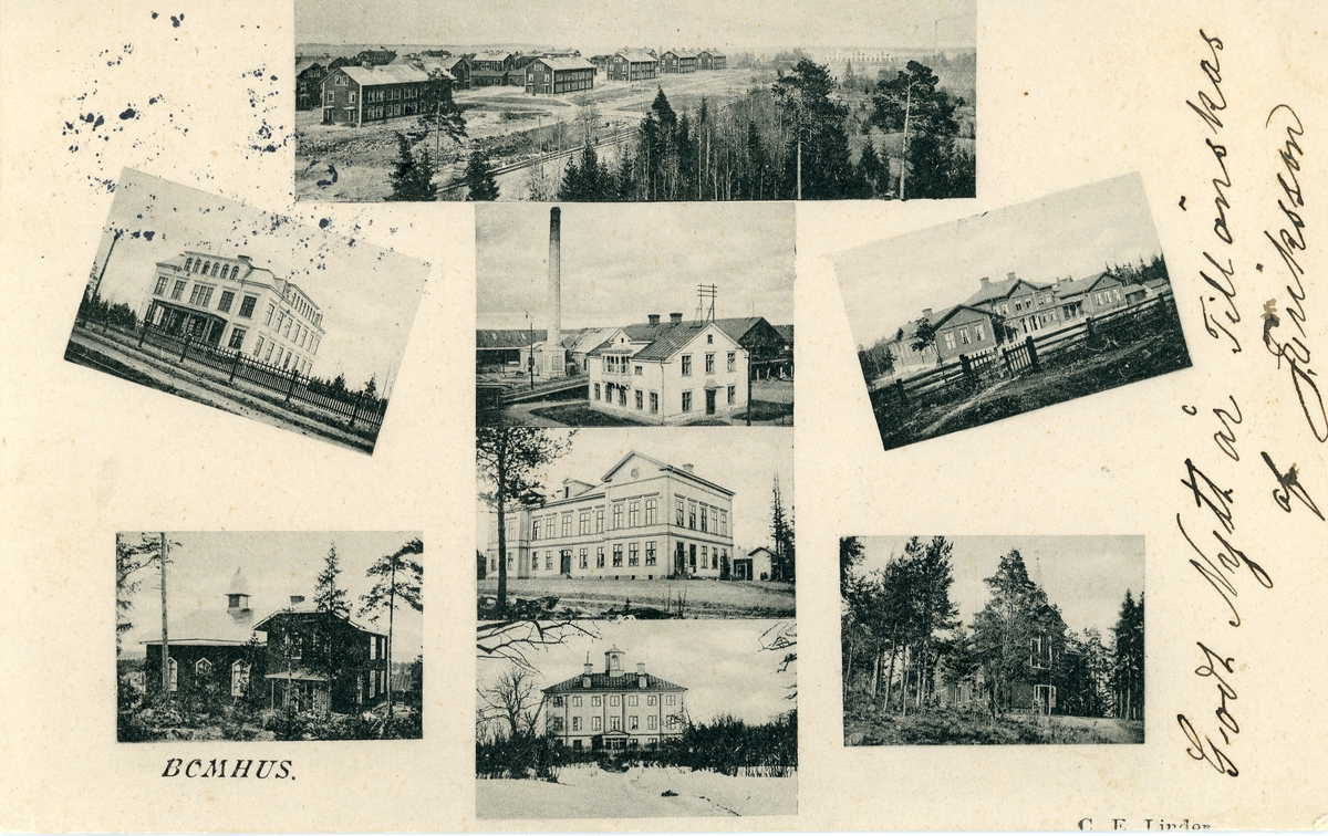 Brevkort adresserat till sjuksköterskan Amanda Palm. Fotocollage av byggnader i Bomhus, Gävle.
Text på framsidan: "Godt Nytt år tillönskas af J. Eriksson".