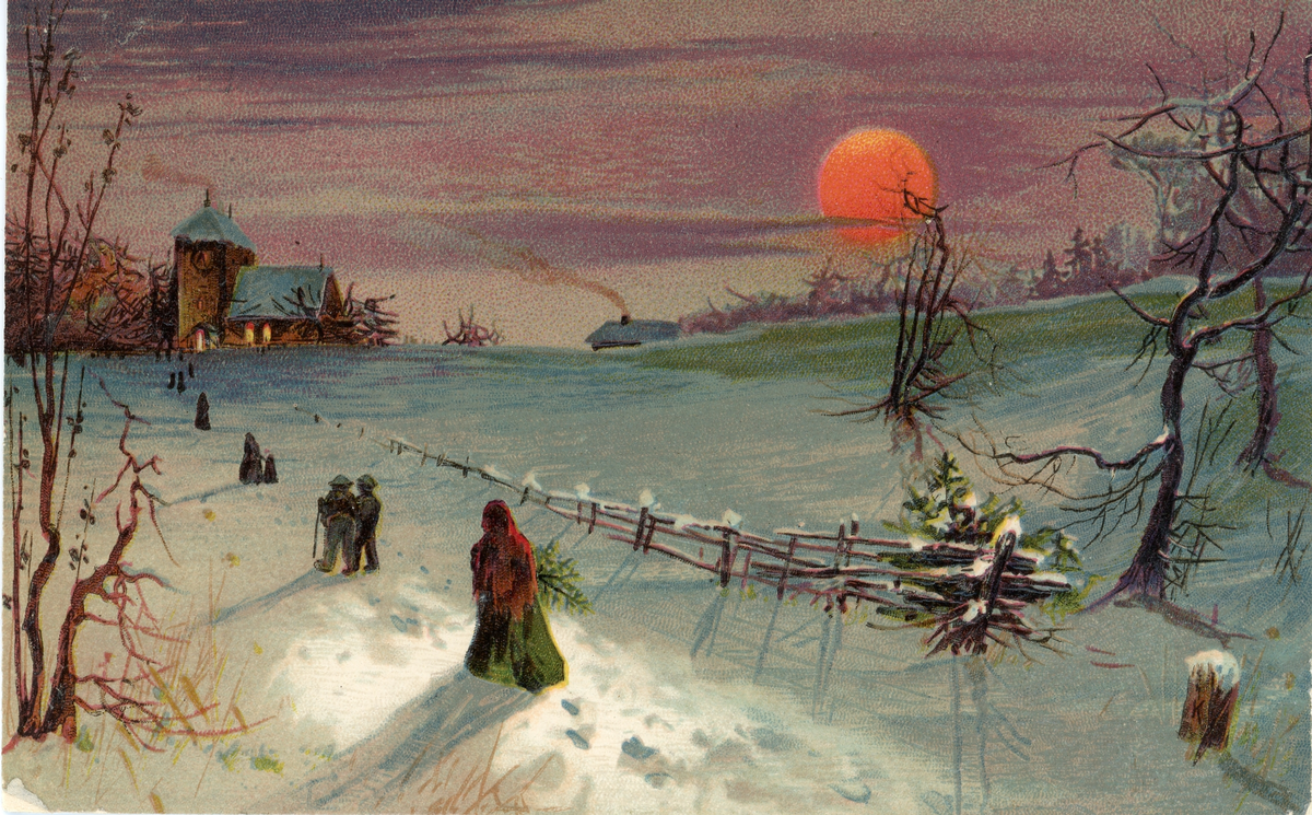 Brevkort adresserat till sjuksköterskan Amanda Palm, 1906. Motiv av människor i ett vinterlandskap troligen på väg till julotta.
Text på baksidan: "Gud välsigne Eder, tack för god vård. Jag glömmer Eder aldrig, Er patient Westermark".