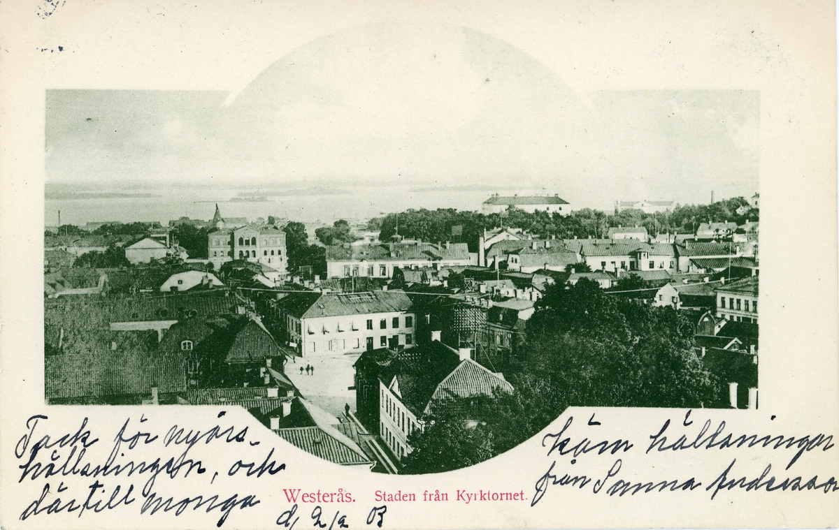 Brevkort adresserat till sjuksköterskan Amanda Palm, 1903. Motivet är vy över staden Västerås, fotot taget från kyrktornet.
Text på framsidan: "Tack för nyårshällsningen och därtill många kära hällsningar från Sanna Andersson, d 2/2-03".