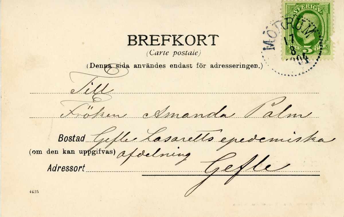 Brevkort adresserat till sjuksköterskan Amanda Palm 1904. Motiv av Stenbrohult, kyrkan, samt två män som sitter i en eka på sjön.
Text under bilden: "Fröken Palm, var så snäll och gör mig den tjensten och lägg dessa medföljande blommor på Julius graf. De allra hjertligaste kära helsningar medfölja från Johanna Johnsson". Text på högra sidan: "Fru von Bergen sänder helsningar till syster Karin".