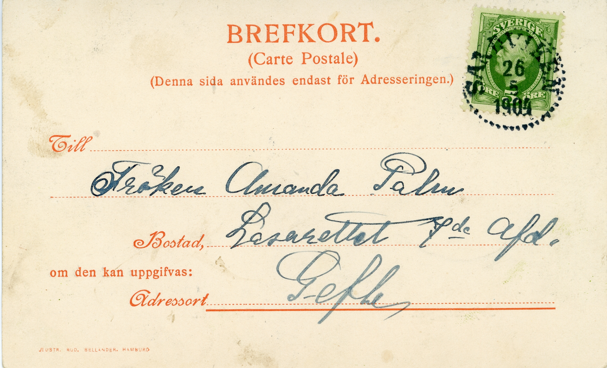 Brevkort adresserat till sjuksköterskan Amanda Palm 1904.
Motiv av Seljansövägen, Sandviken med människor på promenad.
Text på framsidan: " Det här tillhör bara familjen allihop. A. S-ne f.d P-t. Jag sänder härmed er vy af platsen tillika där jag bor nu, vackert eller hur? med många hälsningar. Anette hälsar".