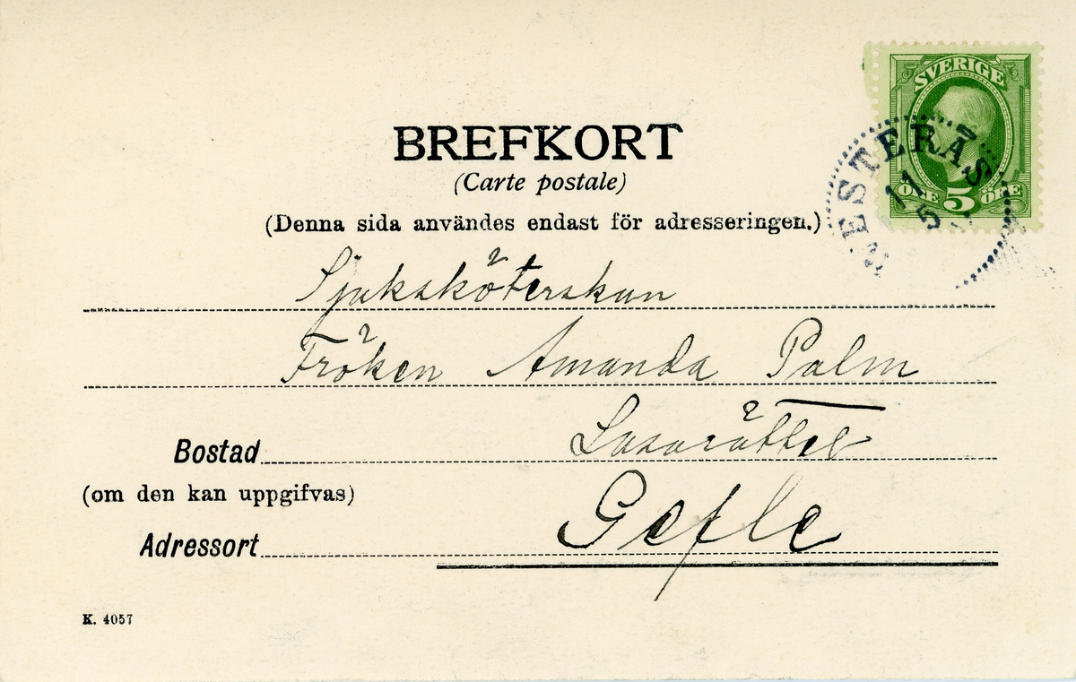 Brevkort adresserat till sjuksköterskan Amanda Palm.
Motiv av Westerås Lasarett med sjuksköterskor utanför.
Text på framsidan: "den 10.5.04. Många hjärtliga helsningar på födelsedagen och allt godt önskar Sanna Andersson. Kanhända kommer till Gefle i sommar".