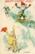 Brevkort adresserat till sjuksköterskan Amanda Palm 1912.
Motiv av tre tomtar som åker skidor i en skidbacke.
Text på framsidan: 