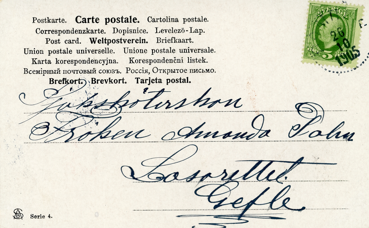 Brevkort adresserat till sjuksköterskan Amanda Palm 1905.
Motiv av en pojke som skjuter fram en skottkärra full med blommor.
Text på framsidan: "Amanda gratuleras af J. F ?".