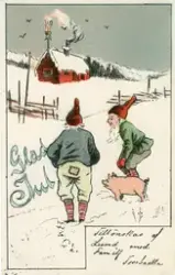 Brevkort adresserat till sjuksköterskan Amanda Palm.
Julmotiv med två tomtar och en gris ute i snön.
Text på framsidan: "Glad Jul tillönskas af Lund med familj Forsbacka".