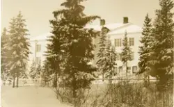 Brevkort adresserat till sjuksköterskan Amanda Palm.
Motiv av byggnad bakom träd i vinterskrud.