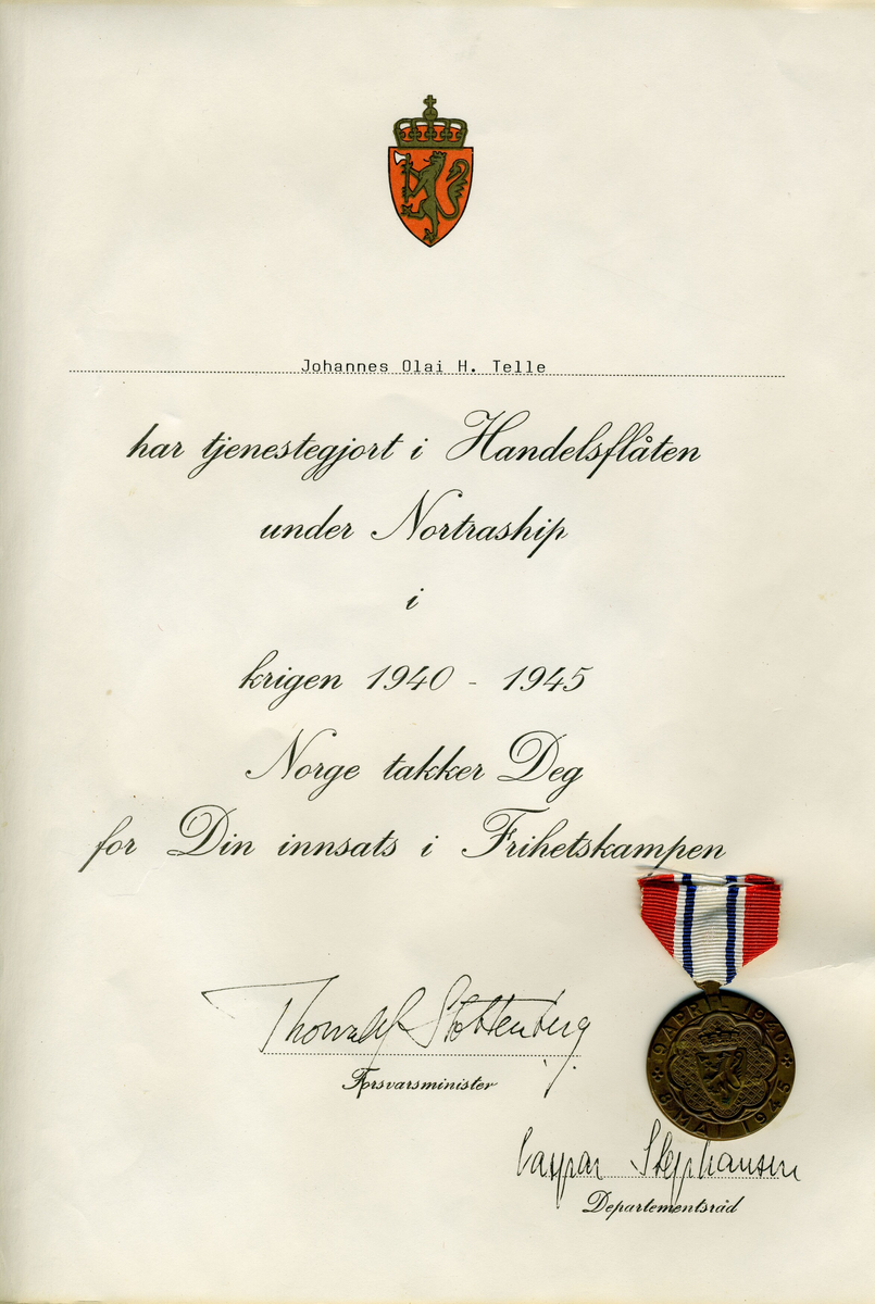 Emblem av den norske løve med krune prydar diplomen øverst.