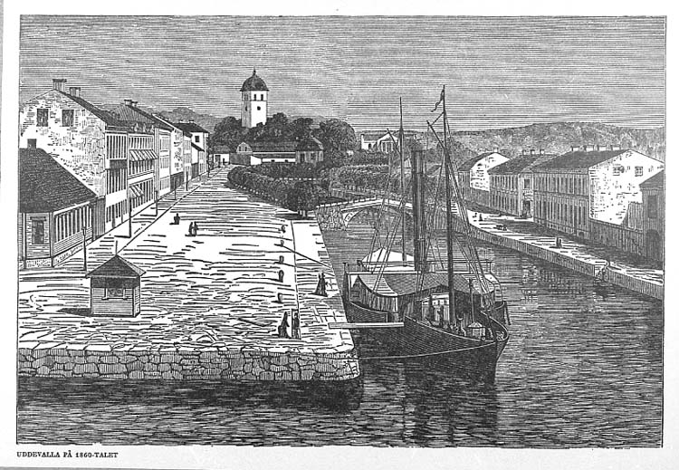 Medföljande text: "Teckning med motiv över Bäveåns stränder där två broar förbinda de skilda stadsdelarna. Hamnmotivet dateras omkr. 1860-talet. Uddevalla postkontorhistorik sedan början av 1800-talet".