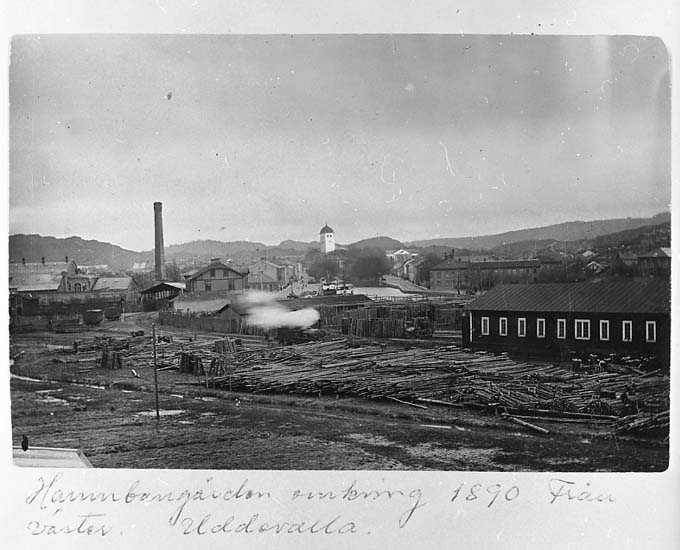 Medföljande text: "Hamnbangården omkring år 1890. UM dn 27/66 Mapp O".
Text på kortet: "Hamnbangården omkring 1890. Från väster. Uddevalla".