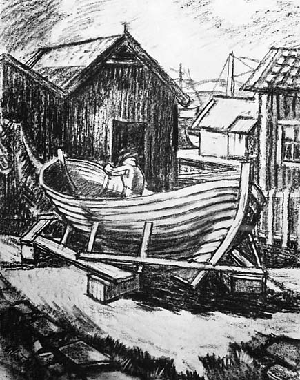 Medföljande text: "Båtbyggare Justus Åkerström i arbete. Foto efter kolteckning av konstnären Albert Eldh, Fjällbacka, omkring 1910. Originalfoto tillhörande Kville Hembygdsarkiv, Fjällbacka".