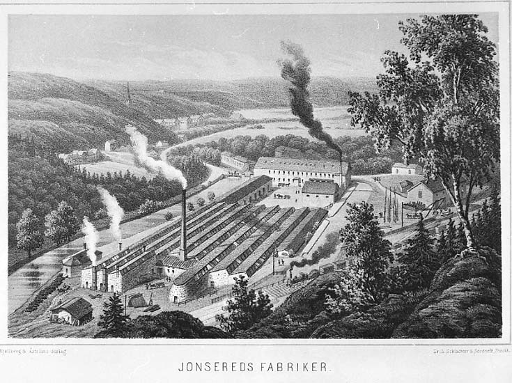 Medföljande text: "Partille sn. Jonsereds fabriker plansch XLIII. Kjellberg & Åströms förlag. Tryckt hos Schlachter & Seedorf, Stockholm. (Omkring 1870). Privat ägo".
