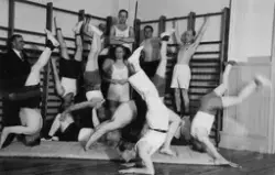 Manliga gymnaster visar sina färdigheter, 1950-tal