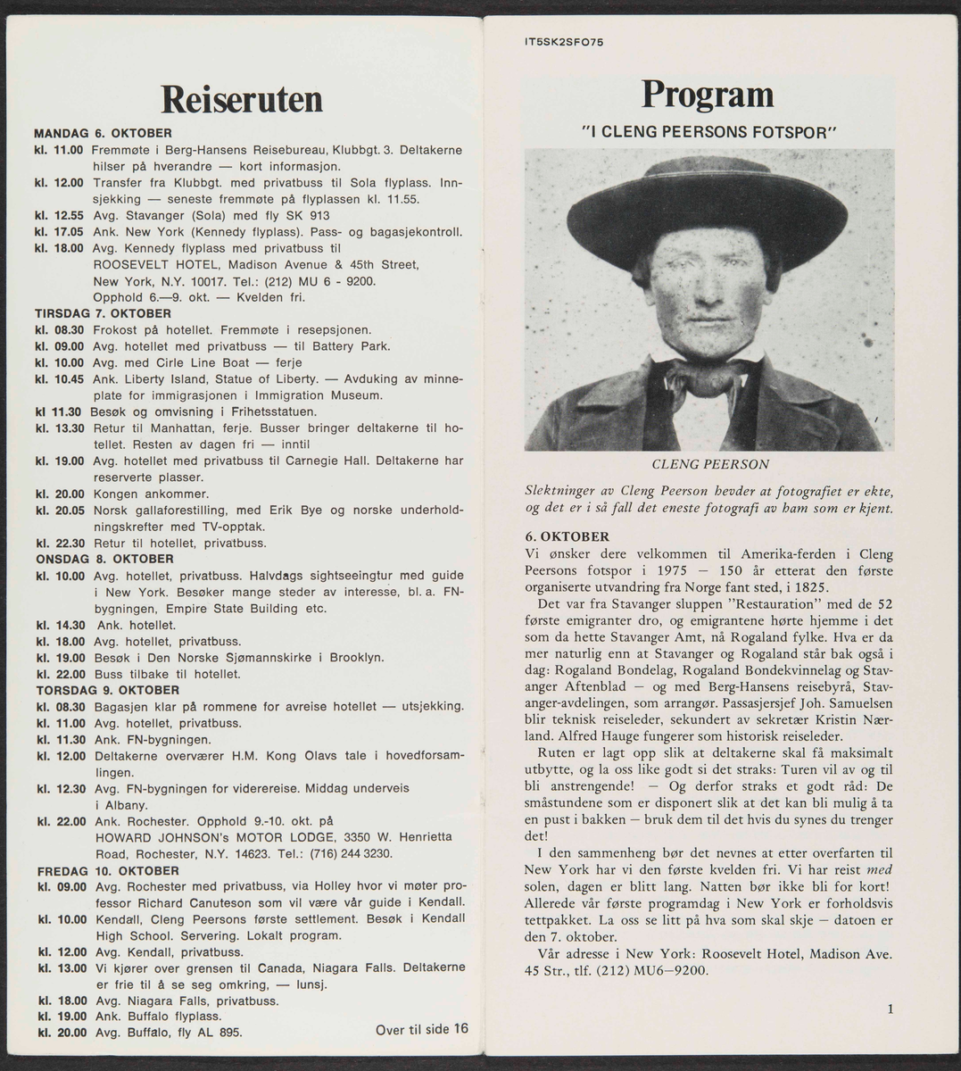 Hefte med reiserute og program for tur til USA 6.-23. oktober 1975, "I Cleng Peersons Fotspor".