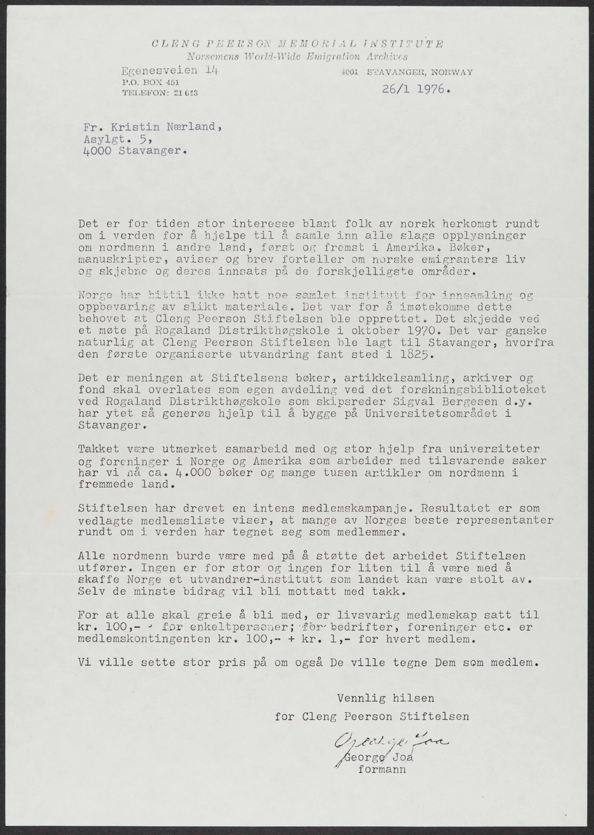 Brev fra Cleng Peerson Stiftelsen om medlemsskap og -liste.