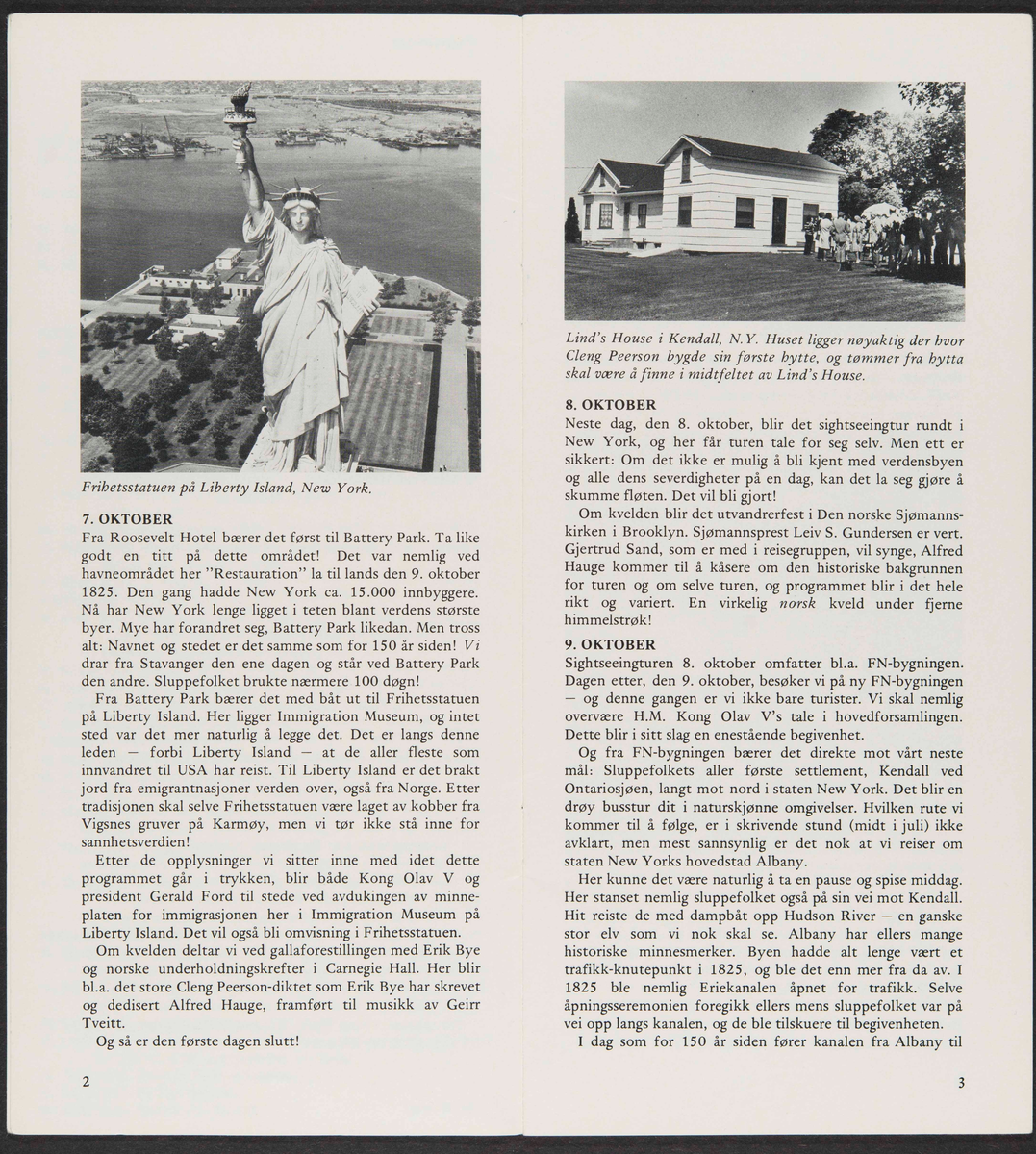 Hefte med reiserute og program for tur til USA 6.-23. oktober 1975, "I Cleng Peersons Fotspor".