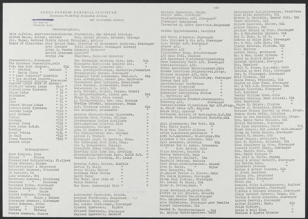 Brev fra Cleng Peerson Stiftelsen om medlemsskap og -liste.