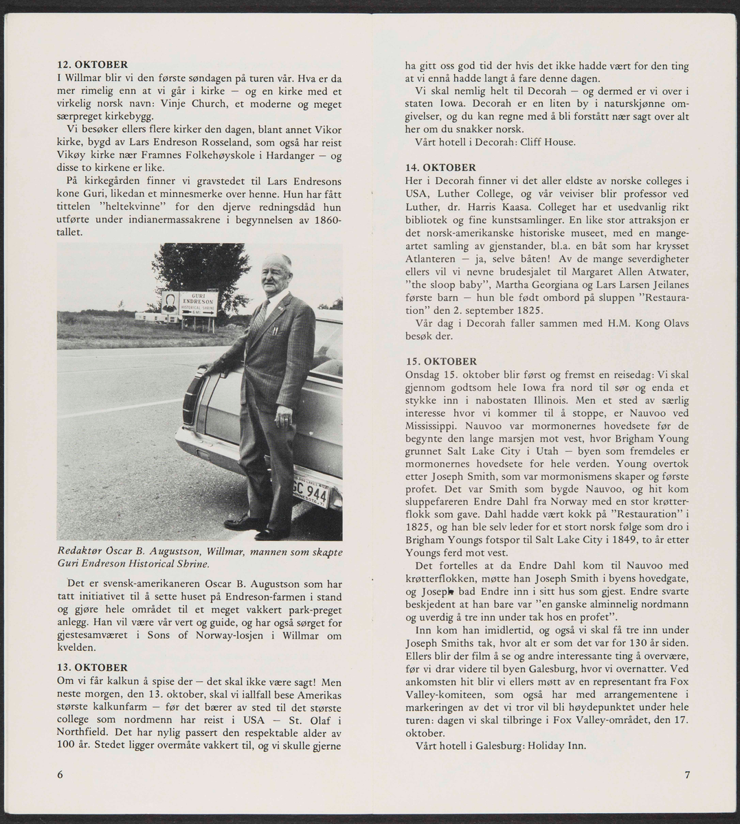 Hefte med reiserute og program for tur til USA 6.-23. oktober 1975, "I Cleng Peersons Fotspor".