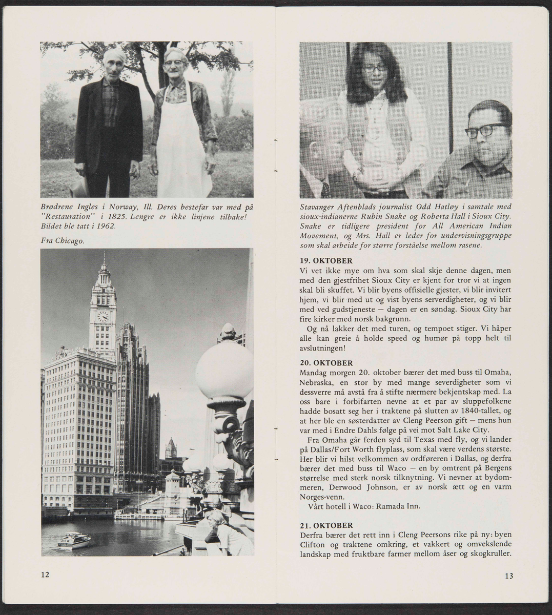 Hefte med reiserute og program for tur til USA 6.-23. oktober 1975, "I Cleng Peersons Fotspor".