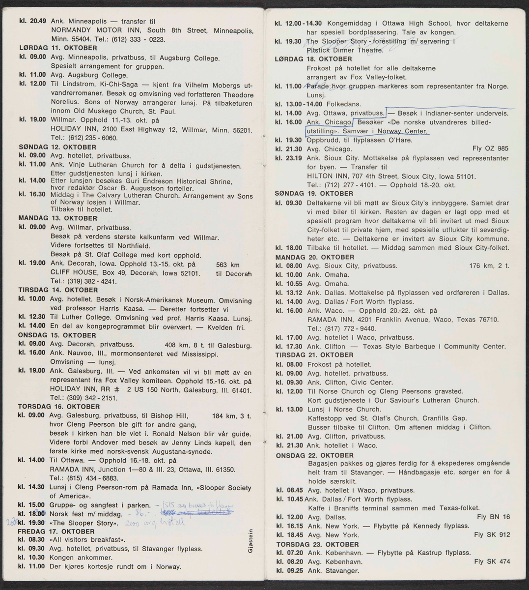 Hefte med reiserute og program for tur til USA 6.-23. oktober 1975, "I Cleng Peersons Fotspor".