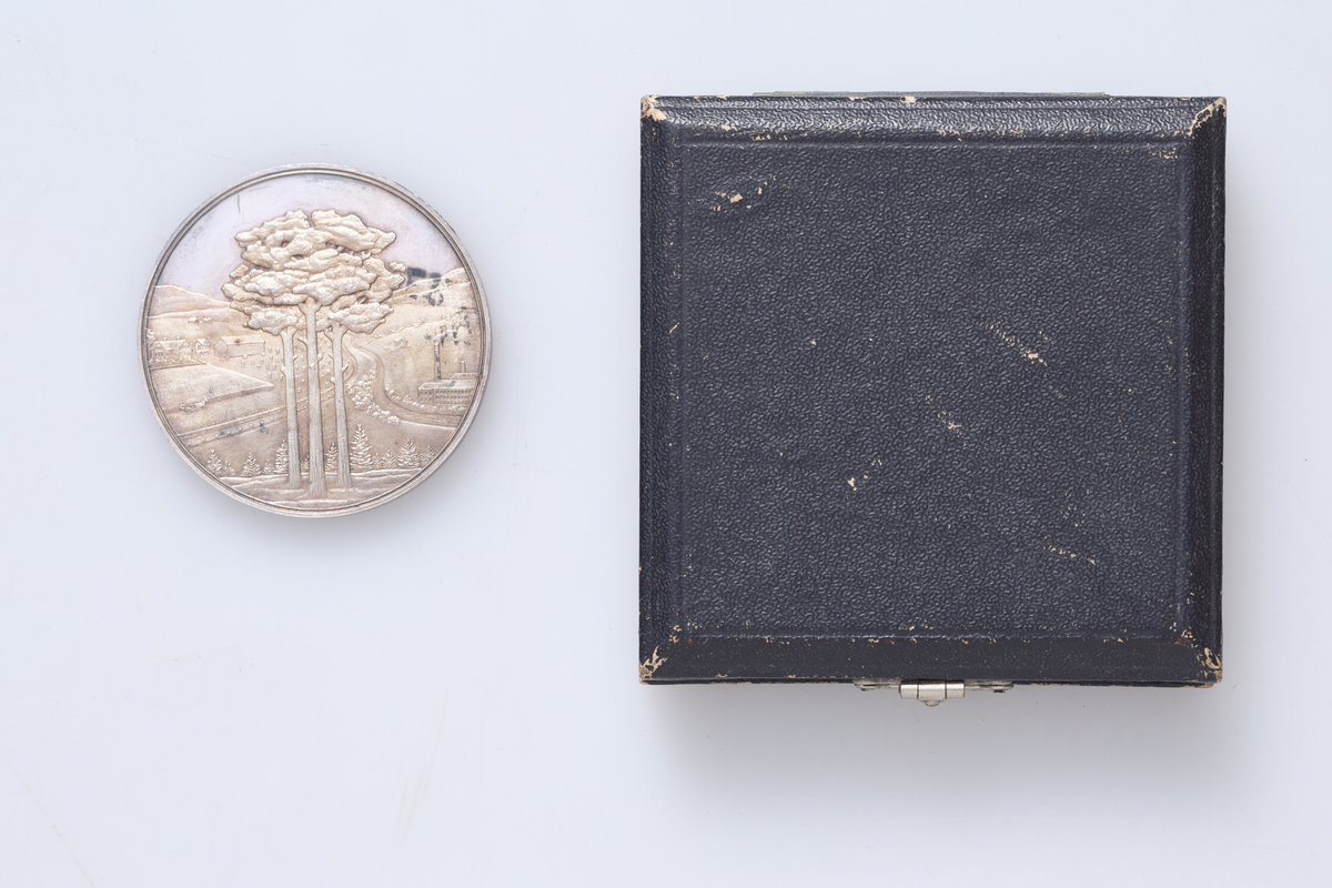 Medalje (a) med etui (b). Medaljen er fra landbruks-, skog- og industriutstillingen på Gjøvik i 1910. Etuiet er fra J. Frisenberg, Lillehammer.