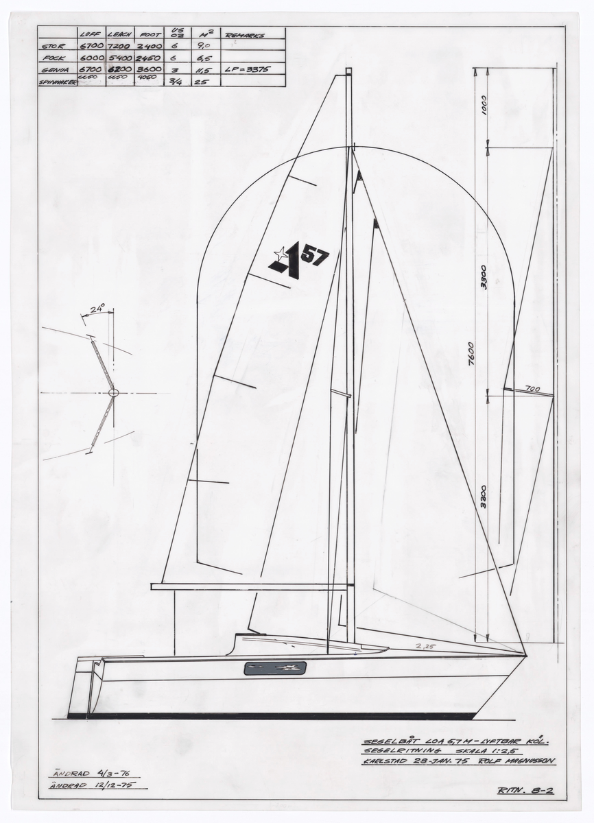Två ritningar till Albin 57, beskriven på ritningen som segelbåt LOA 5,7 m - lyftbar köl, en originalritning och en kopia segelritning