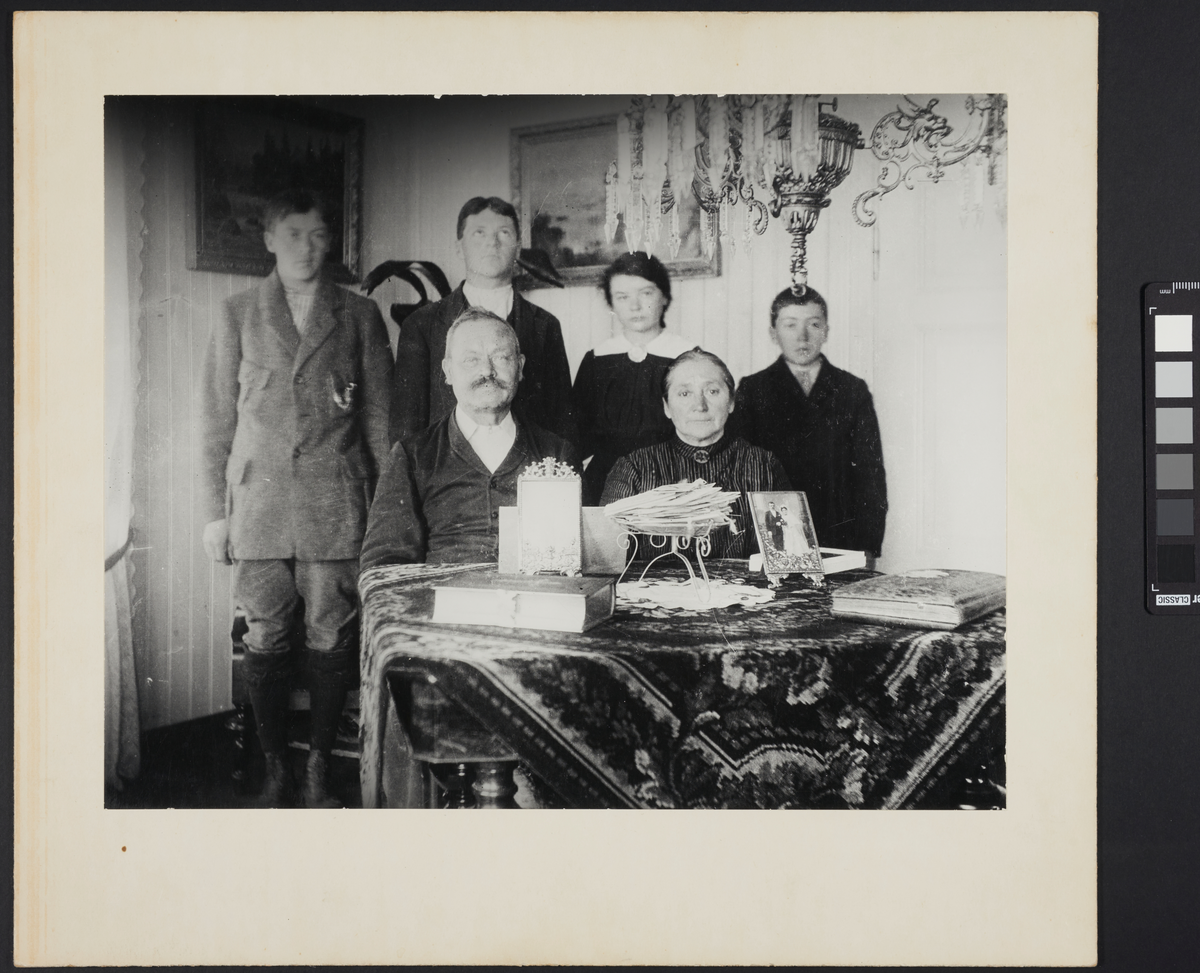 Et portrett av en familie og deres venner. En mann med bart sitter ved siden av en kvinne ved et bord med mønstret duk, på bordet er det familiealbum og portretter i ramme. Bak dem står det to høye, unge menn, en jente og en gutt. Over bordet henger det en lysekrone, og i bakgrunnen på veggen henger det to bilder.