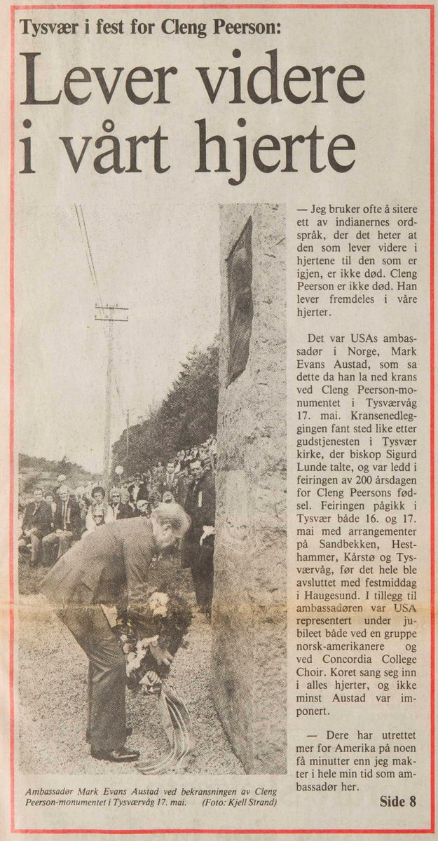 Avisutklipp fra Haugesunds avis om 200-årsjubileet for Cleng Peersons fødsel.