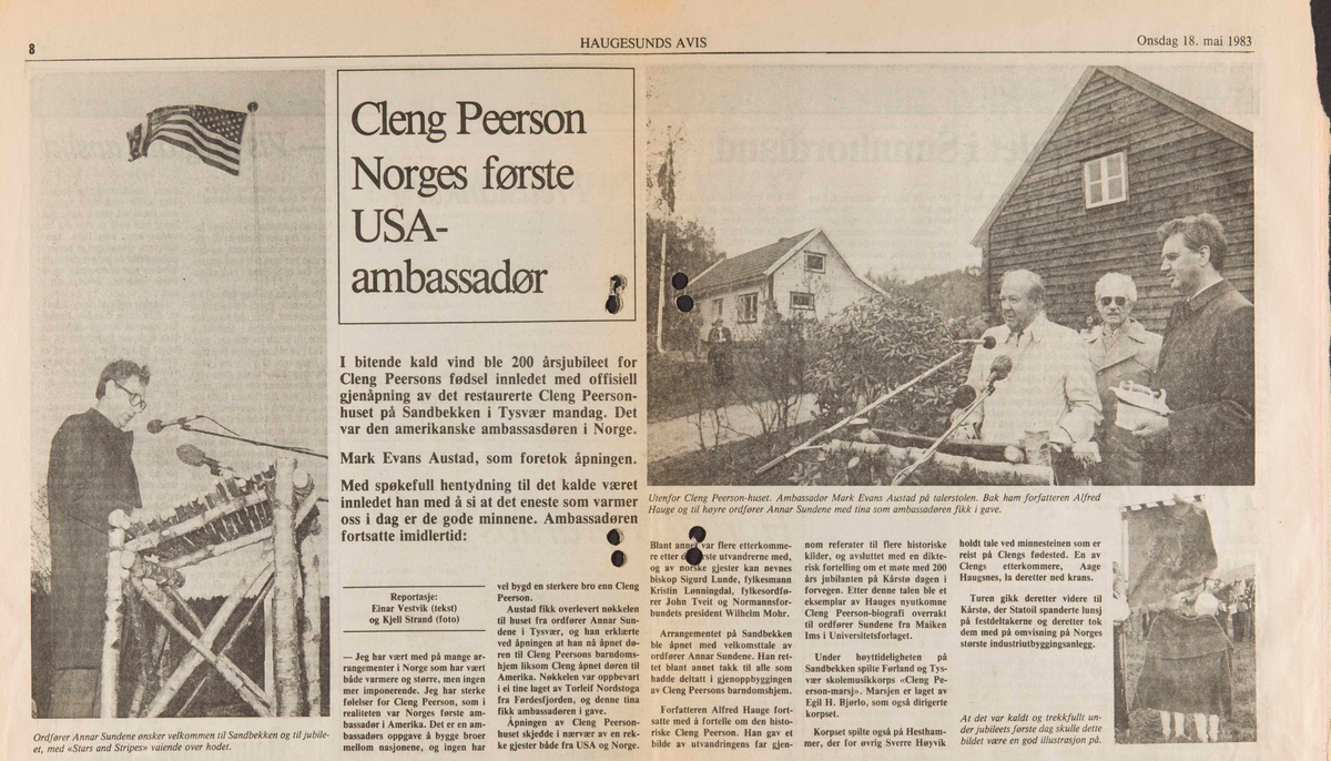 Avisutklipp fra Haugesunds avis om 200-årsjubileet for Cleng Peersons fødsel.