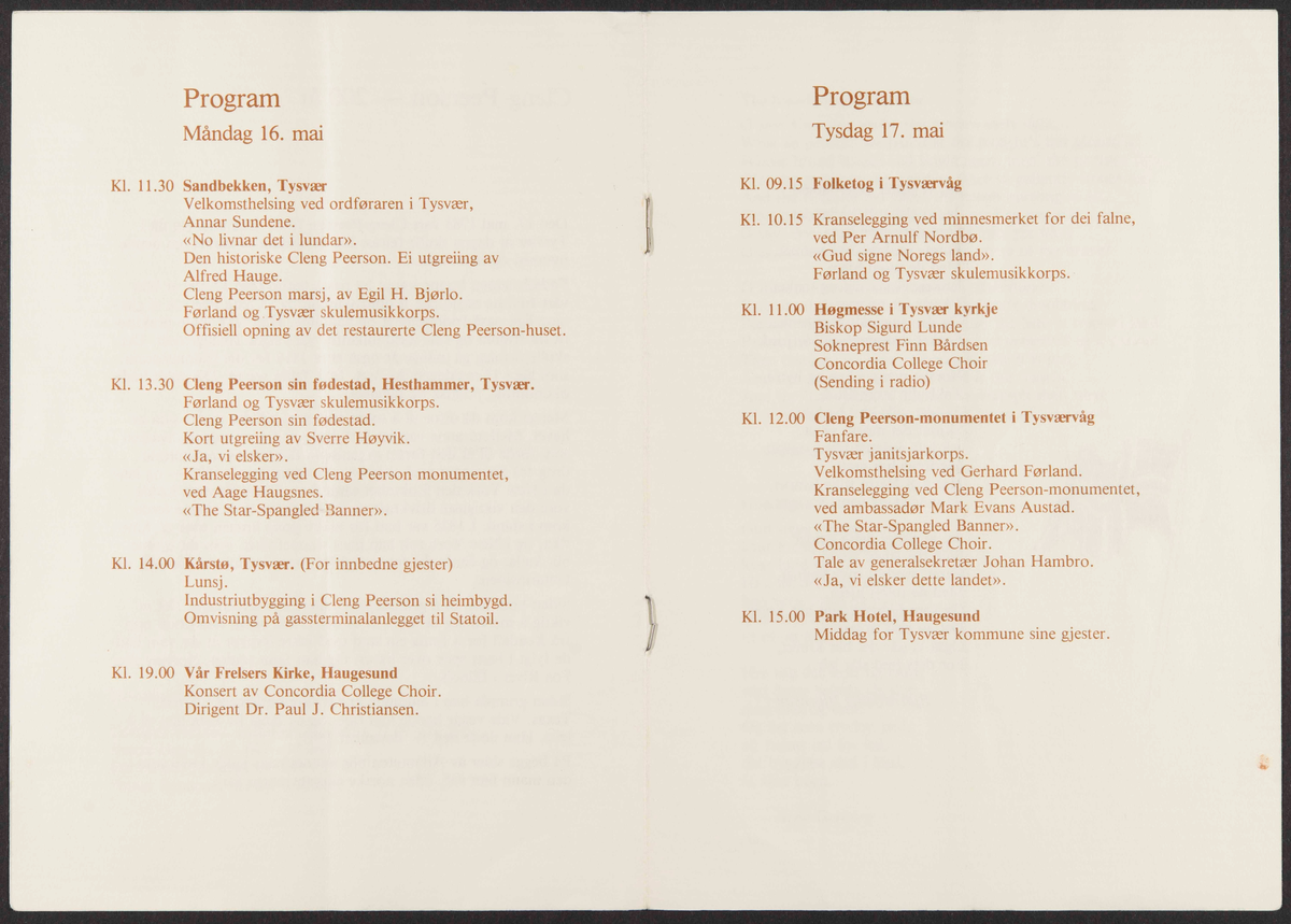 Program for minnemarkering for Cleng Peerson i Tysvær kommune 16. og 17. mai 1983.