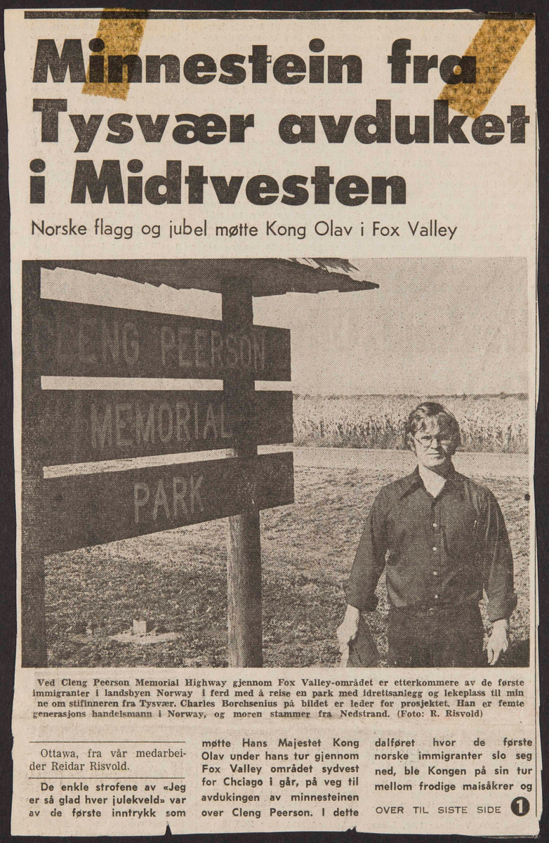 Avisutklipp fra Haugesunds Avis om kong Olav Vs besøk i Fox Valley.
