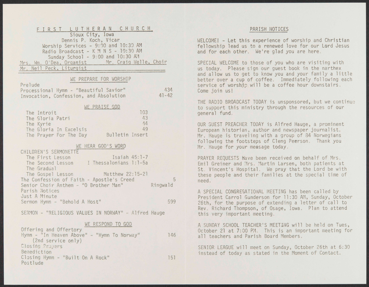Program for gudstjeneste i First Lutheran Chruch i Sioux City.