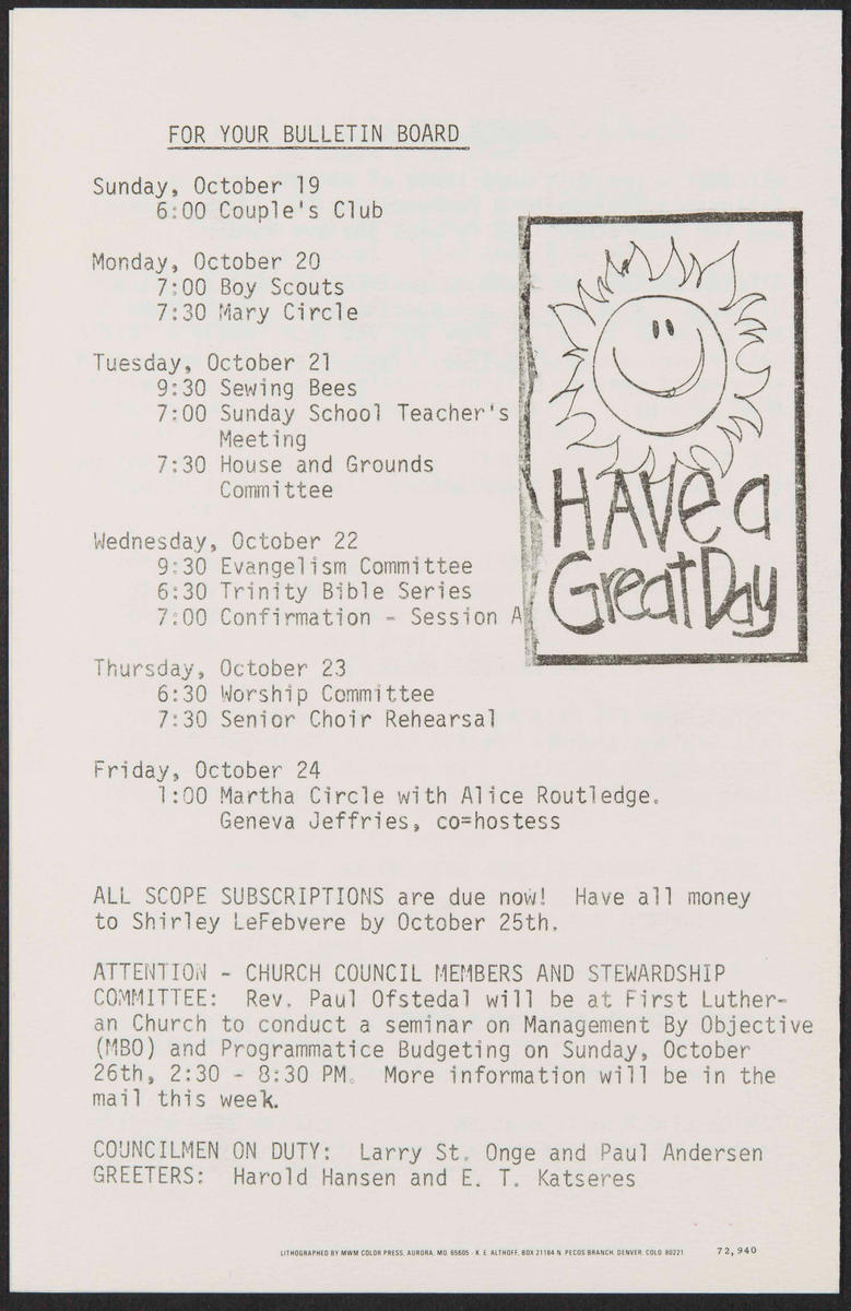 Program for gudstjeneste i First Lutheran Chruch i Sioux City.