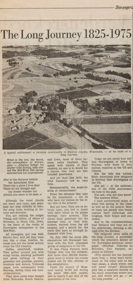 Avisutklipp fra Stavanger Aftenblad om utvandringsjubileet 1825-1975.