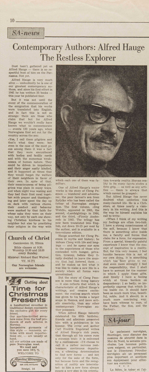 Avisutklipp fra Stavanger Aftenblad om Alfred Hauge.