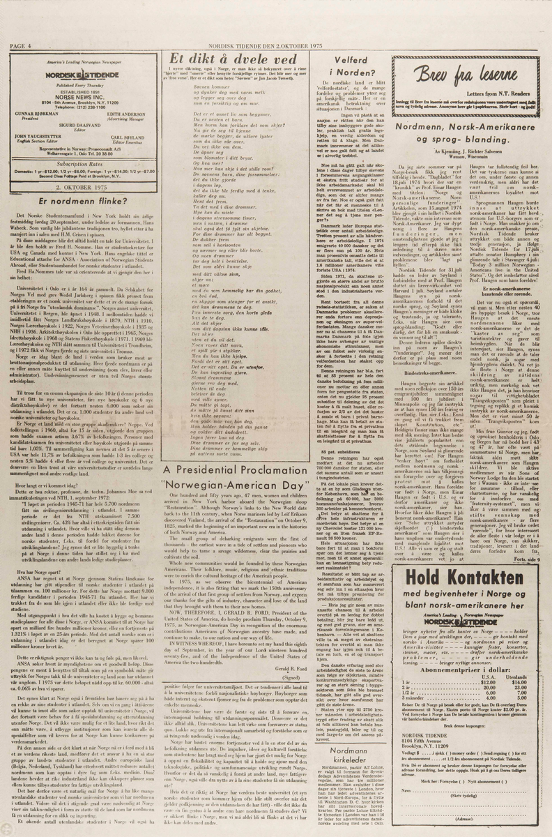 Komplett eksemplar av Nordisk Tidende fra 02.10.1975.