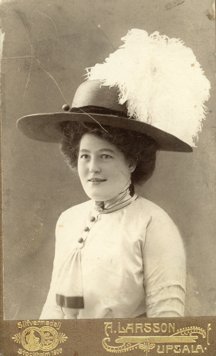 Foto av Olles enda kärlek o.s.v hatt och hår den tidens mode 1910 (enligt text skriven i albumet).