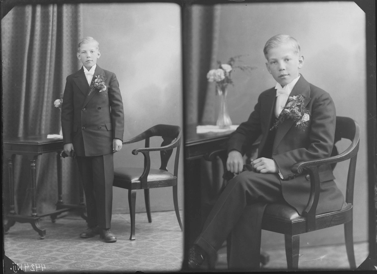 Fotografering beställd av Ingvar Jansson. Föreställer Karl Erik Ingvar Jansson (1915-2002). Konfirmation.
